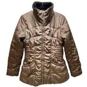 Rampage Quilted Puffer Coat Women's Medium Golden Brown Sherpa Collar Jacket GUC